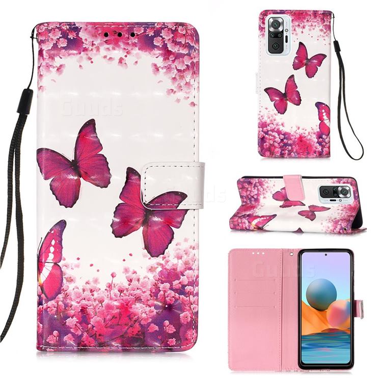 Rose Butterfly 3D Painted Leather Wallet Case for Xiaomi Redmi Note 10 Pro / Note 10 Pro Max