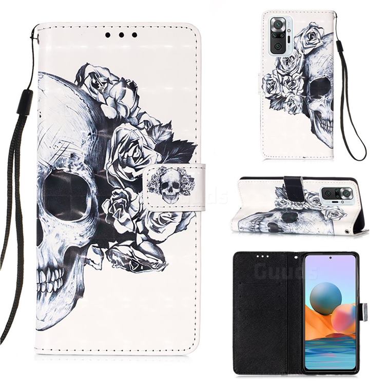 Skull Flower 3D Painted Leather Wallet Case for Xiaomi Redmi Note 10 Pro / Note 10 Pro Max