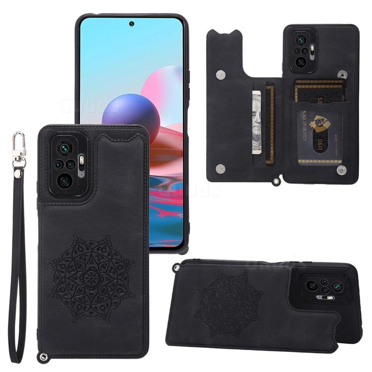 Luxury Mandala Multi-function Magnetic Card Slots Stand Leather Back Cover for Xiaomi Redmi Note 10 Pro / Note 10 Pro Max - Black