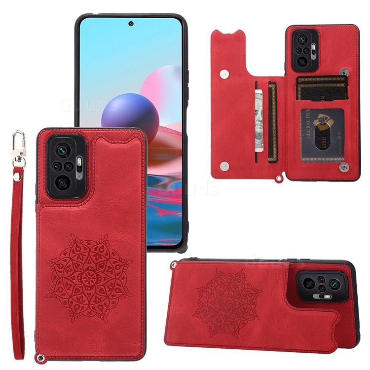 Luxury Mandala Multi-function Magnetic Card Slots Stand Leather Back Cover for Xiaomi Redmi Note 10 Pro / Note 10 Pro Max - Red