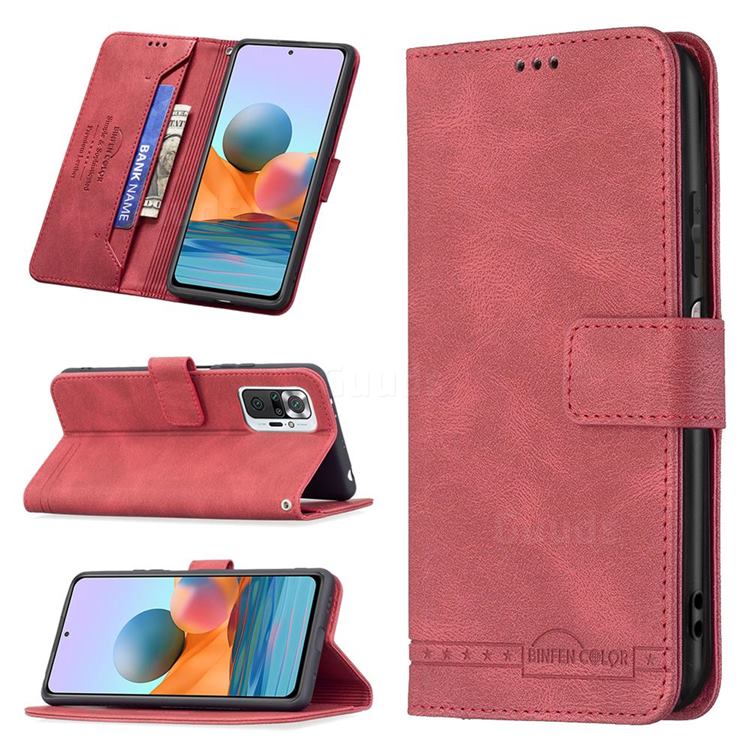 Binfen Color RFID Blocking Leather Wallet Case for Xiaomi Redmi Note 10 Pro / Note 10 Pro Max - Red