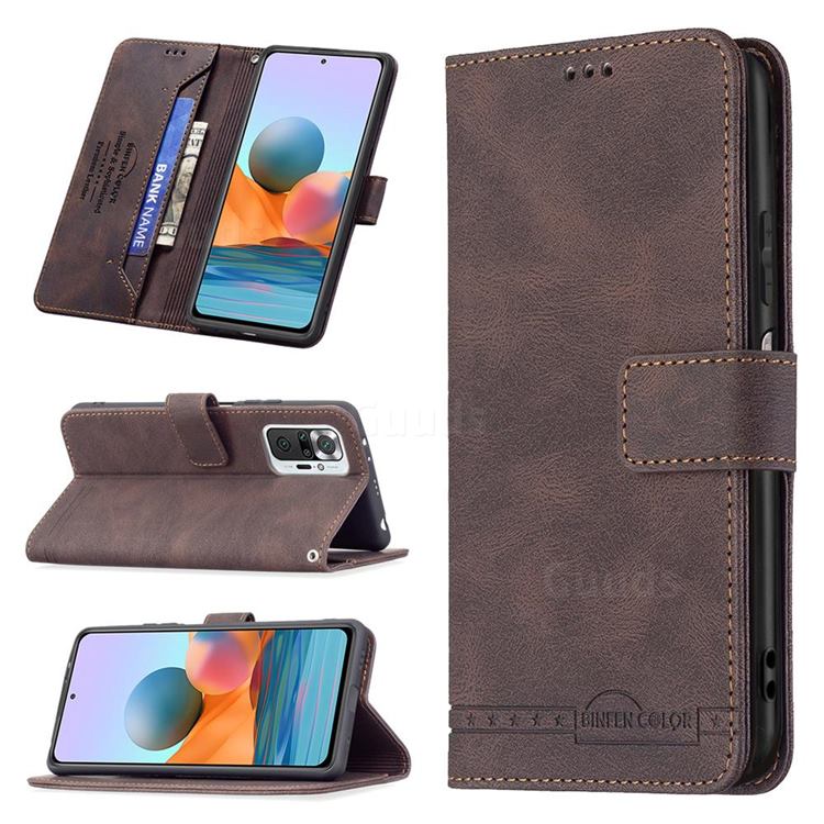 Binfen Color RFID Blocking Leather Wallet Case for Xiaomi Redmi Note 10 Pro / Note 10 Pro Max - Brown