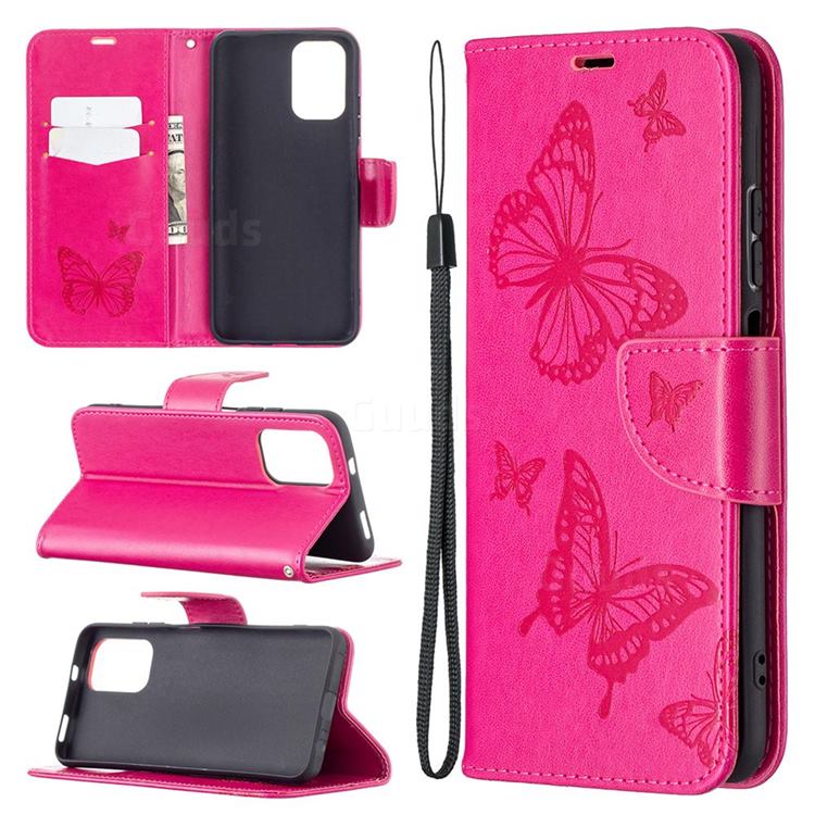 Embossing Double Butterfly Leather Wallet Case for Xiaomi Redmi Note 10 4G / Redmi Note 10S - Red