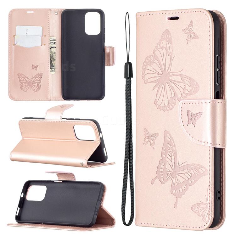 Embossing Double Butterfly Leather Wallet Case for Xiaomi Redmi Note 10 4G / Redmi Note 10S - Rose Gold