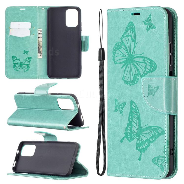 Embossing Double Butterfly Leather Wallet Case for Xiaomi Redmi Note 10 4G / Redmi Note 10S - Green
