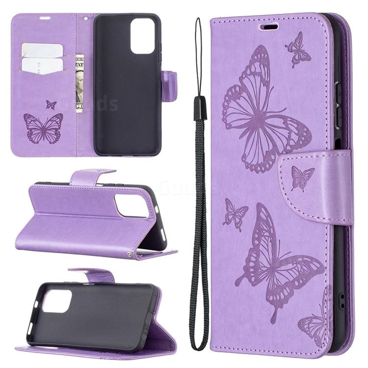 Embossing Double Butterfly Leather Wallet Case for Xiaomi Redmi Note 10 4G / Redmi Note 10S - Purple