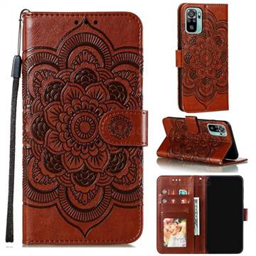Intricate Embossing Datura Solar Leather Wallet Case for Xiaomi Redmi Note 10 4G / Redmi Note 10S - Brown