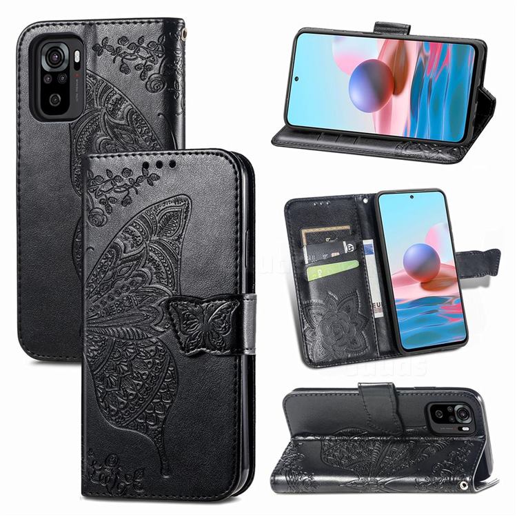Embossing Mandala Flower Butterfly Leather Wallet Case for Xiaomi Redmi Note 10 4G / Redmi Note 10S - Black