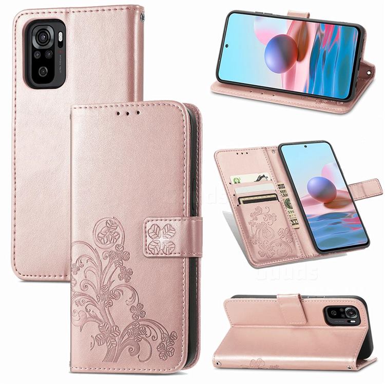 Embossing Imprint Four-Leaf Clover Leather Wallet Case for Xiaomi Redmi Note 10 4G / Redmi Note 10S - Rose Gold