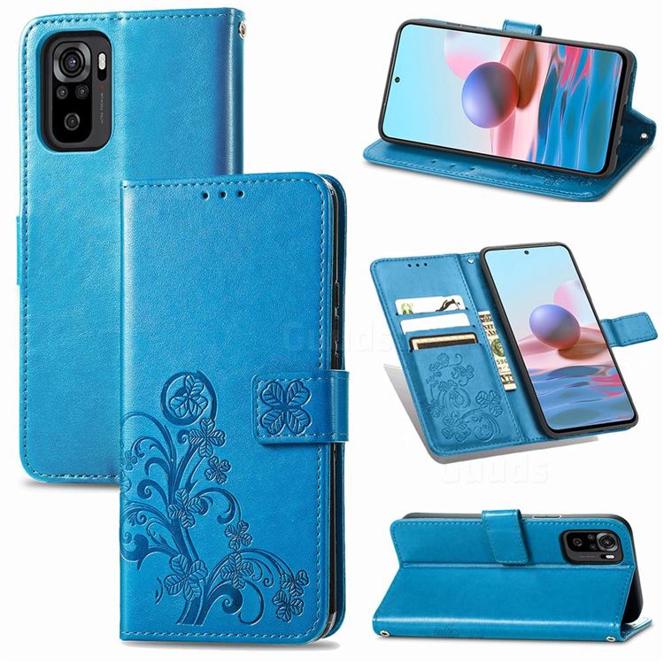 Embossing Imprint Four-Leaf Clover Leather Wallet Case for Xiaomi Redmi Note 10 4G / Redmi Note 10S - Blue