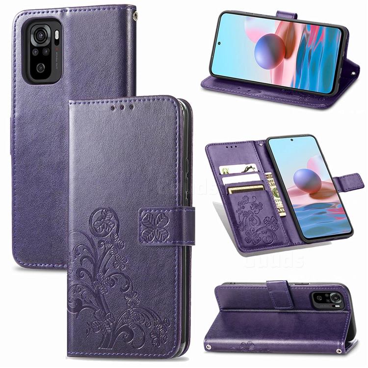 Embossing Imprint Four-Leaf Clover Leather Wallet Case for Xiaomi Redmi Note 10 4G / Redmi Note 10S - Purple