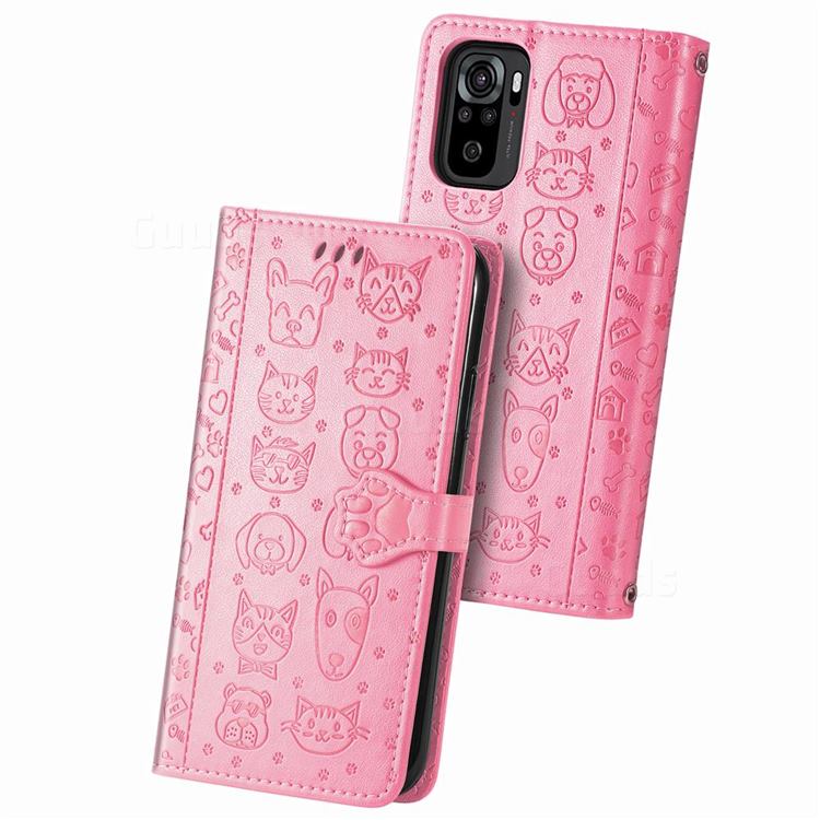 Embossing Dog Paw Kitten and Puppy Leather Wallet Case for Xiaomi Redmi Note 10 4G / Redmi Note 10S - Pink