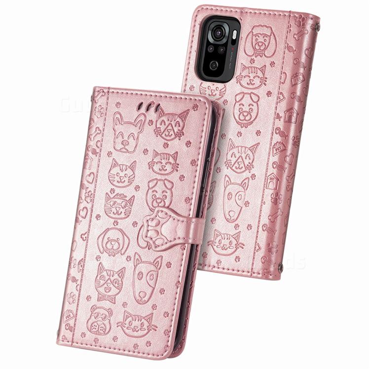 Embossing Dog Paw Kitten and Puppy Leather Wallet Case for Xiaomi Redmi Note 10 4G / Redmi Note 10S - Rose Gold