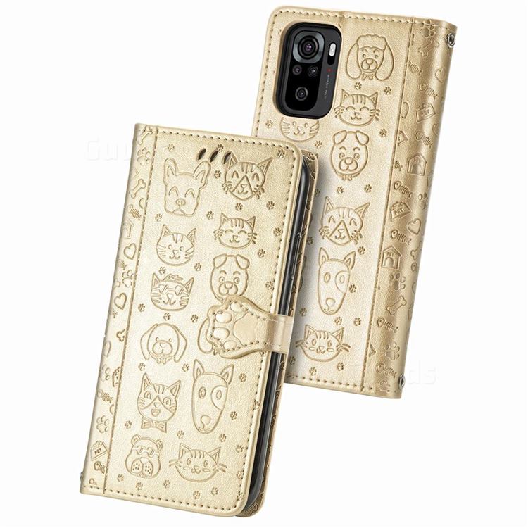 Embossing Dog Paw Kitten and Puppy Leather Wallet Case for Xiaomi Redmi Note 10 4G / Redmi Note 10S - Champagne Gold