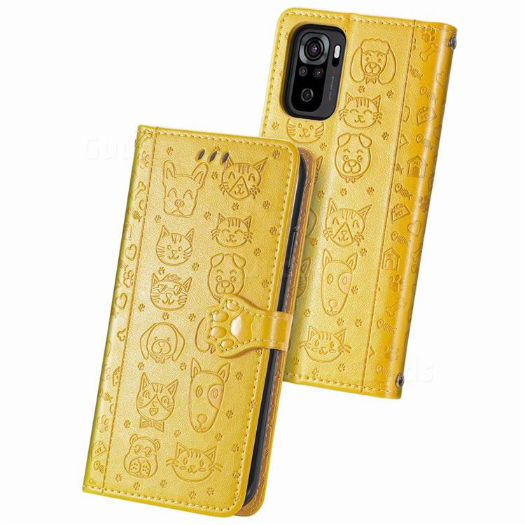 Embossing Dog Paw Kitten and Puppy Leather Wallet Case for Xiaomi Redmi Note 10 4G / Redmi Note 10S - Yellow