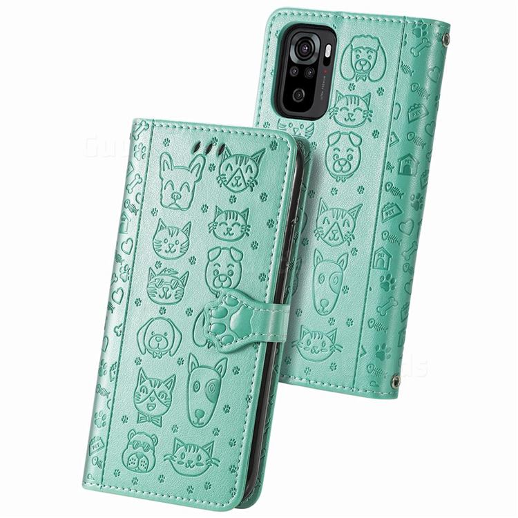 Embossing Dog Paw Kitten and Puppy Leather Wallet Case for Xiaomi Redmi Note 10 4G / Redmi Note 10S - Green