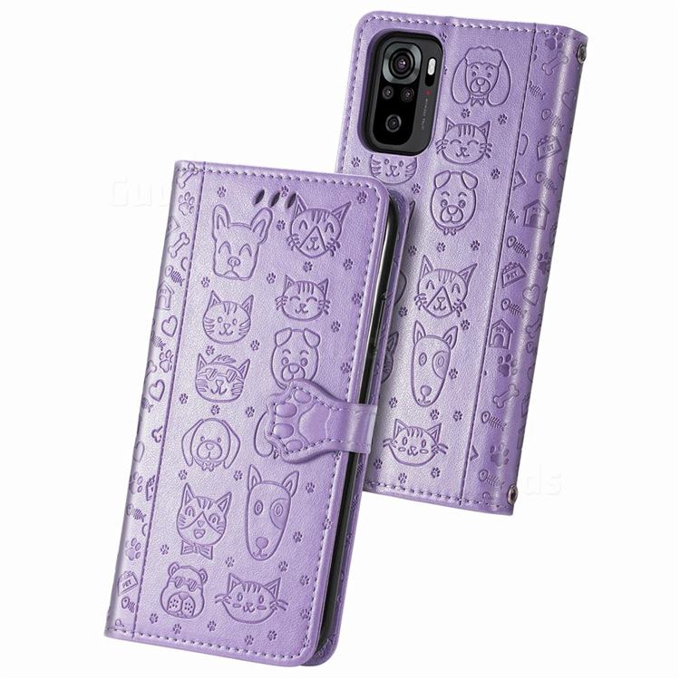 Embossing Dog Paw Kitten and Puppy Leather Wallet Case for Xiaomi Redmi Note 10 4G / Redmi Note 10S - Purple
