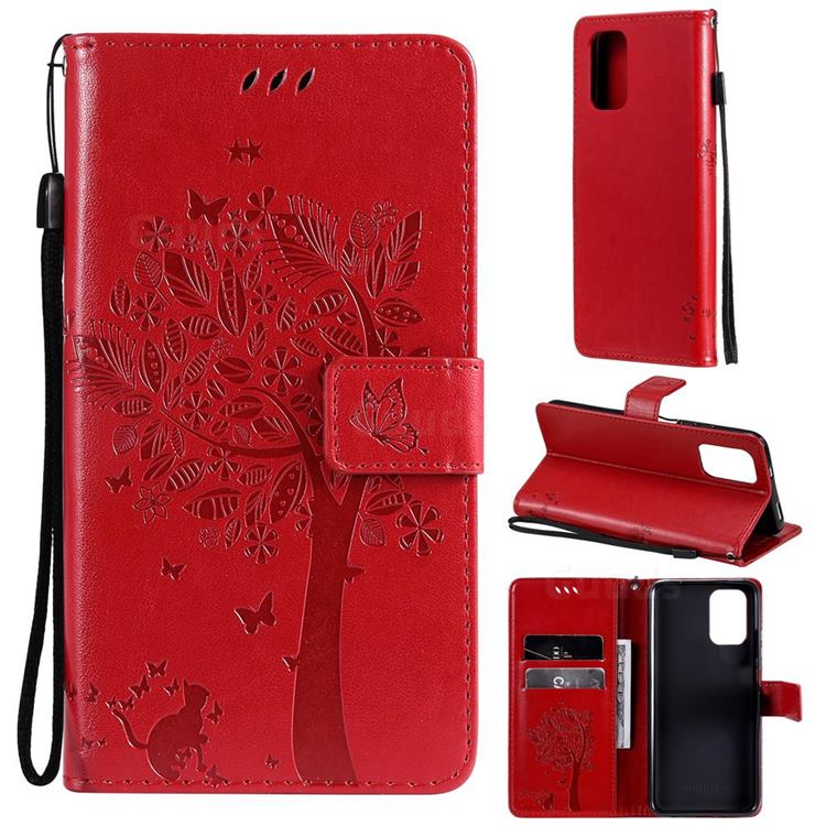 Embossing Butterfly Tree Leather Wallet Case for Xiaomi Redmi Note 10 4G / Redmi Note 10S - Red
