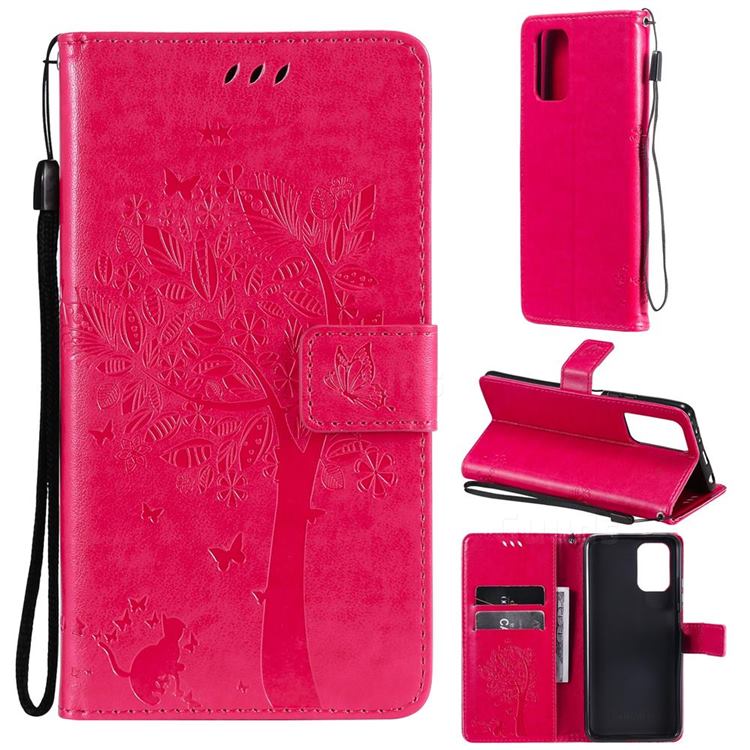 Embossing Butterfly Tree Leather Wallet Case for Xiaomi Redmi Note 10 4G / Redmi Note 10S - Rose