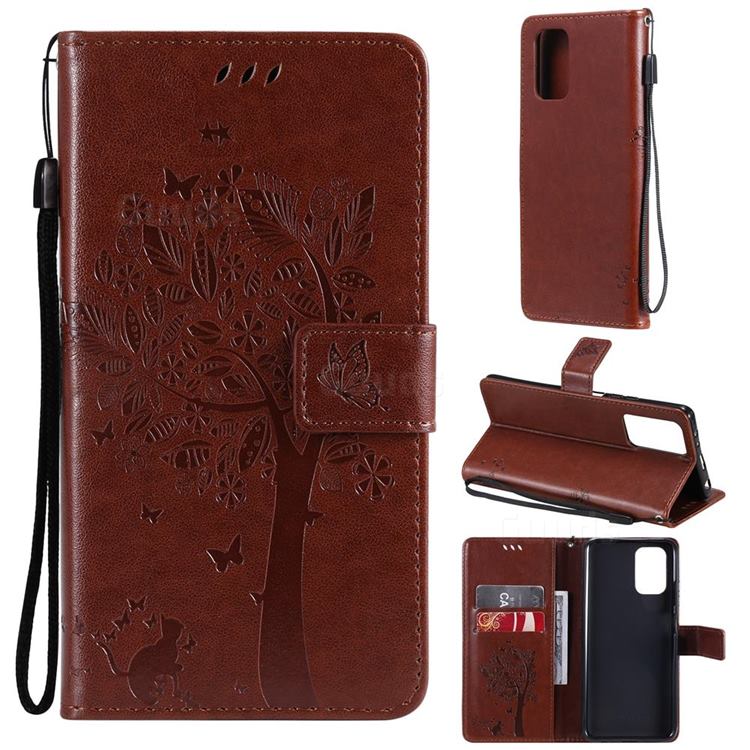 Embossing Butterfly Tree Leather Wallet Case for Xiaomi Redmi Note 10 4G / Redmi Note 10S - Coffee