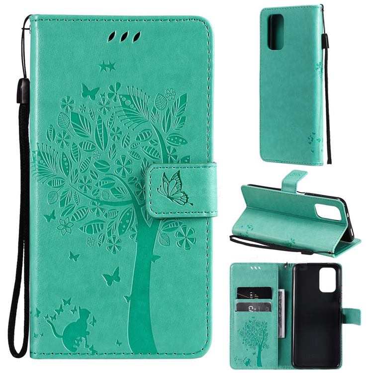 Embossing Butterfly Tree Leather Wallet Case for Xiaomi Redmi Note 10 4G / Redmi Note 10S - Cyan