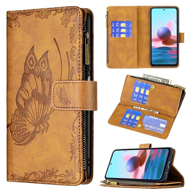 Binfen Color Imprint Vivid Butterfly Buckle Zipper Multi-function Leather Phone Wallet for Xiaomi Redmi Note 10 4G / Redmi Note 10S - Brown