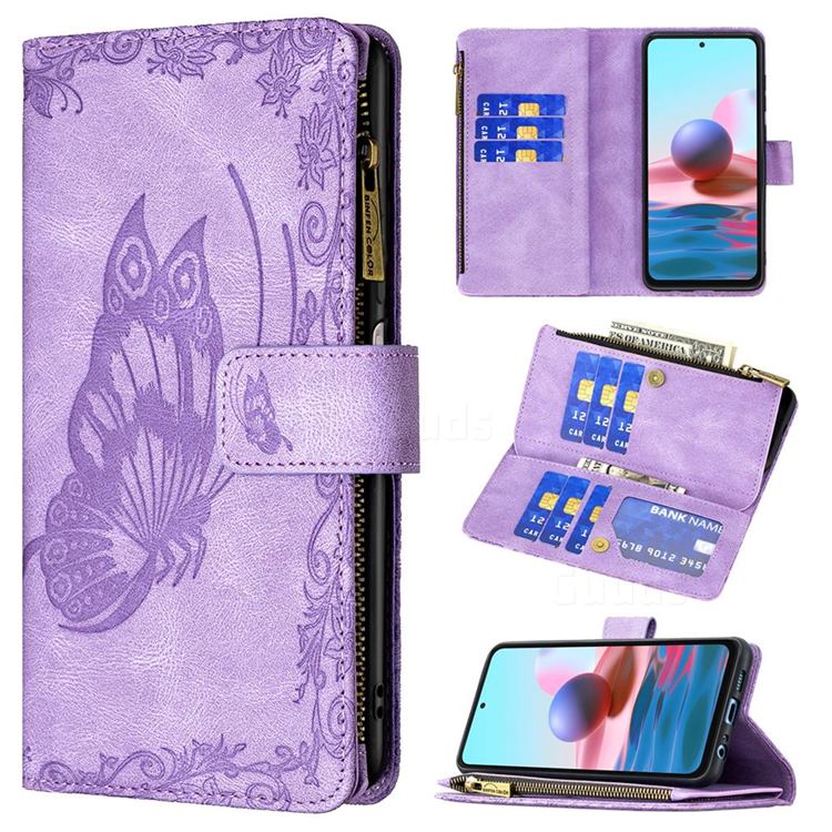 Binfen Color Imprint Vivid Butterfly Buckle Zipper Multi-function Leather Phone Wallet for Xiaomi Redmi Note 10 4G / Redmi Note 10S - Purple