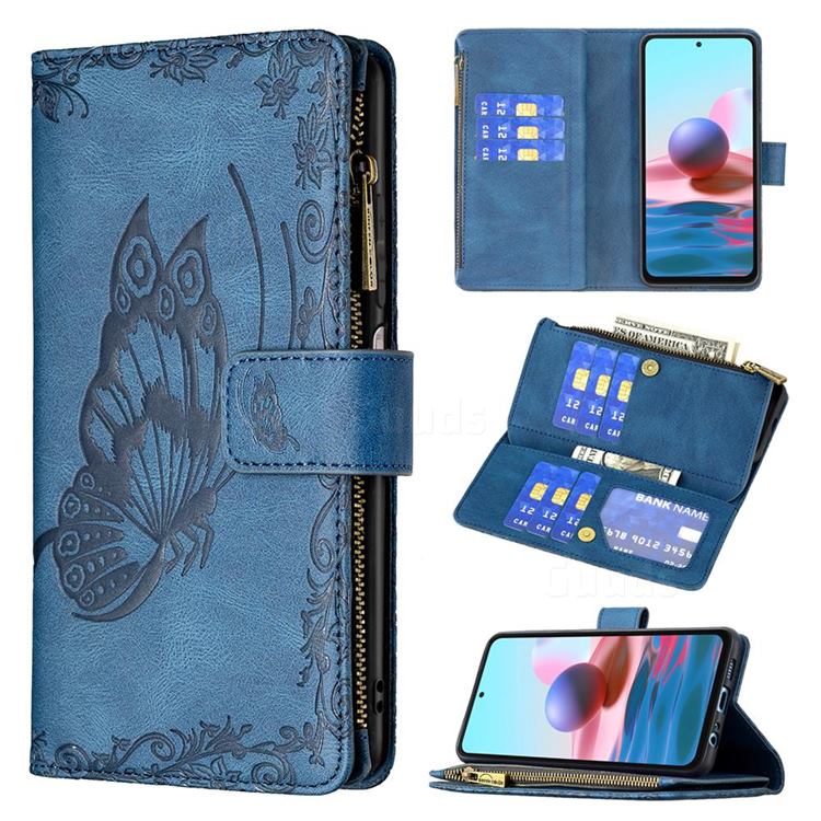 Binfen Color Imprint Vivid Butterfly Buckle Zipper Multi-function Leather Phone Wallet for Xiaomi Redmi Note 10 4G / Redmi Note 10S - Blue