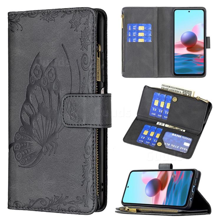 Binfen Color Imprint Vivid Butterfly Buckle Zipper Multi-function Leather Phone Wallet for Xiaomi Redmi Note 10 4G / Redmi Note 10S - Black