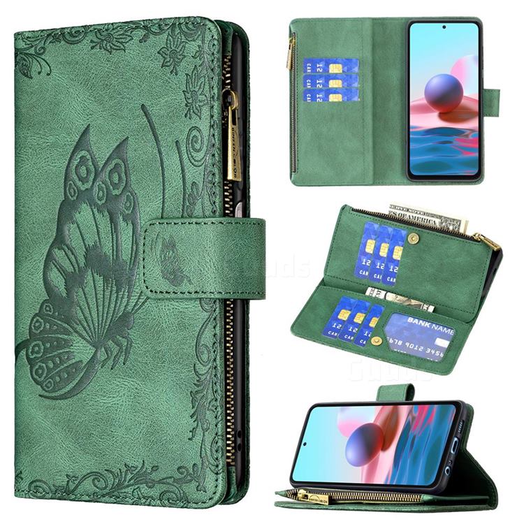 Binfen Color Imprint Vivid Butterfly Buckle Zipper Multi-function Leather Phone Wallet for Xiaomi Redmi Note 10 4G / Redmi Note 10S - Green