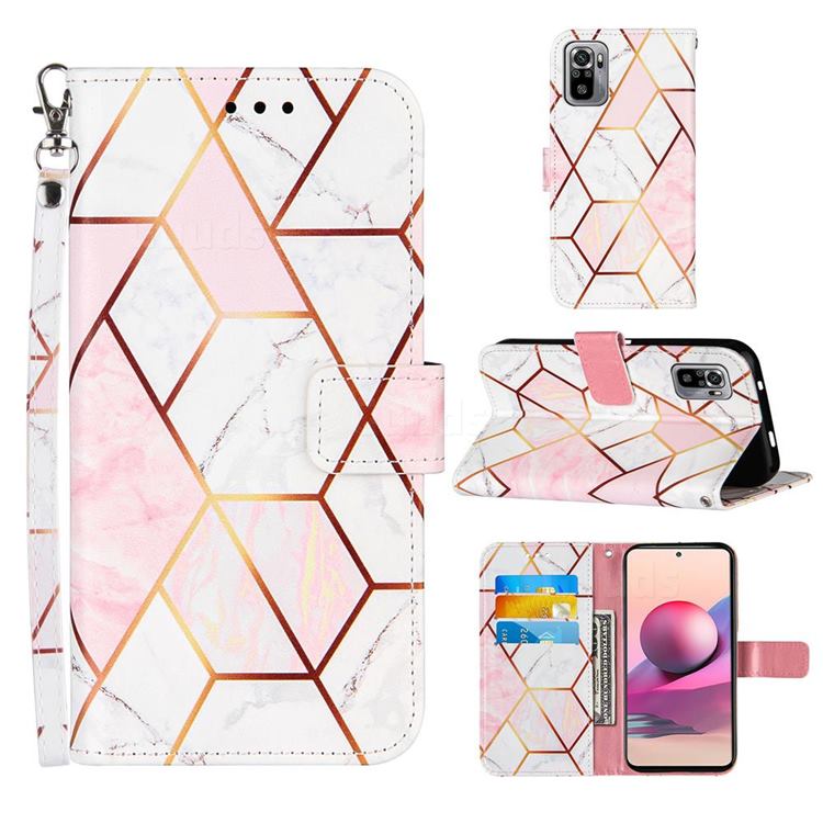Pink White Stitching Color Marble Leather Wallet Case for Xiaomi Redmi Note 10 4G / Redmi Note 10S