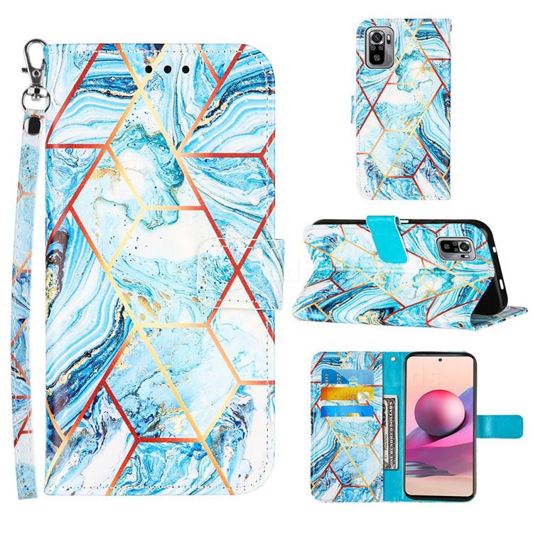 Lake Blue Stitching Color Marble Leather Wallet Case for Xiaomi Redmi Note 10 4G / Redmi Note 10S