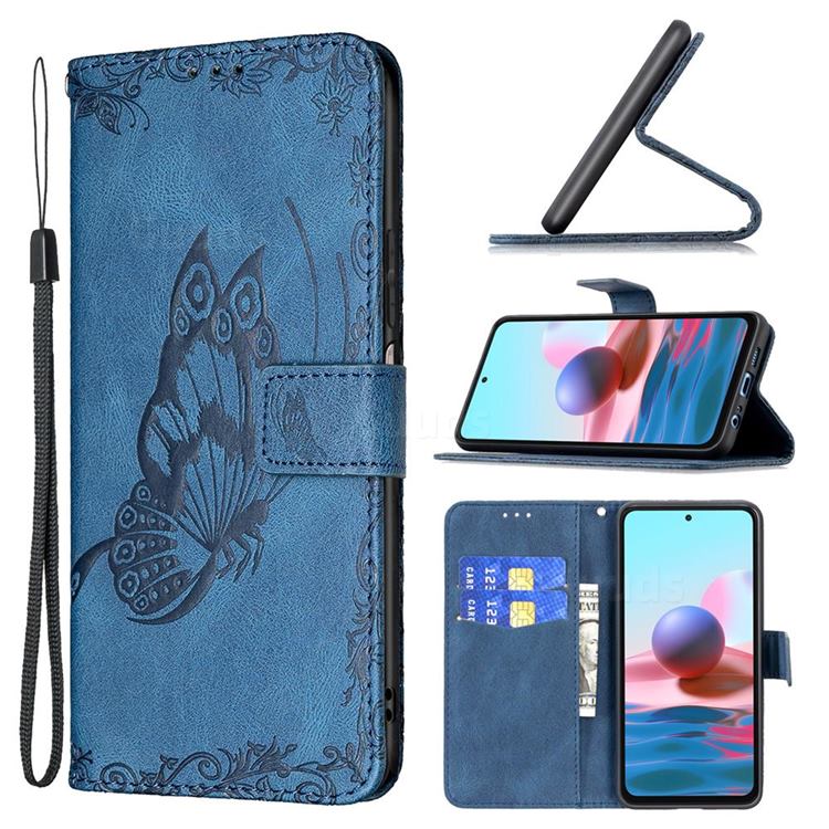 Binfen Color Imprint Vivid Butterfly Leather Wallet Case for Xiaomi Redmi Note 10 4G / Redmi Note 10S - Blue