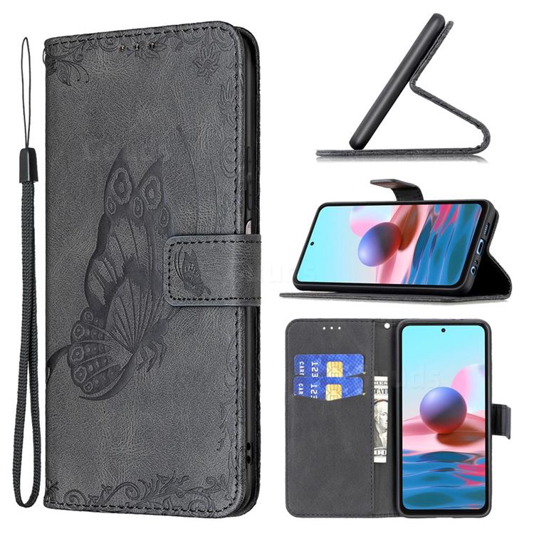 Binfen Color Imprint Vivid Butterfly Leather Wallet Case for Xiaomi Redmi Note 10 4G / Redmi Note 10S - Black