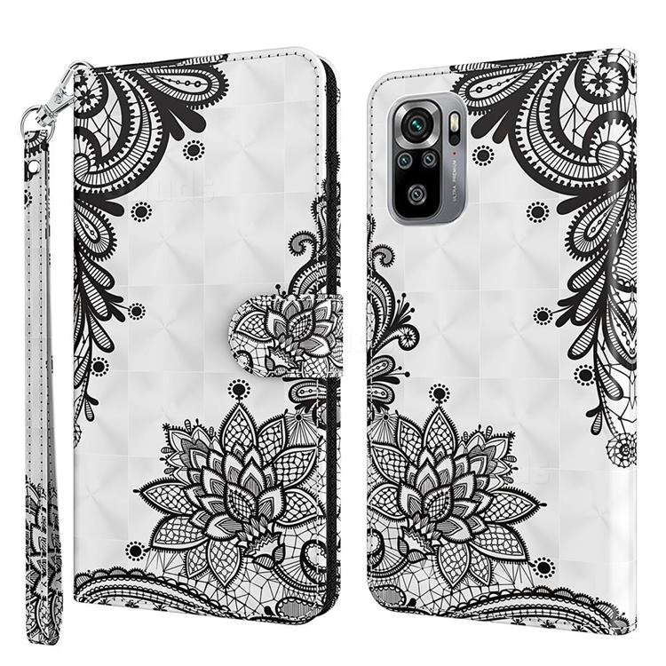 Black Lace Flower 3D Painted Leather Wallet Case for Xiaomi Redmi Note 10 4G / Redmi Note 10S