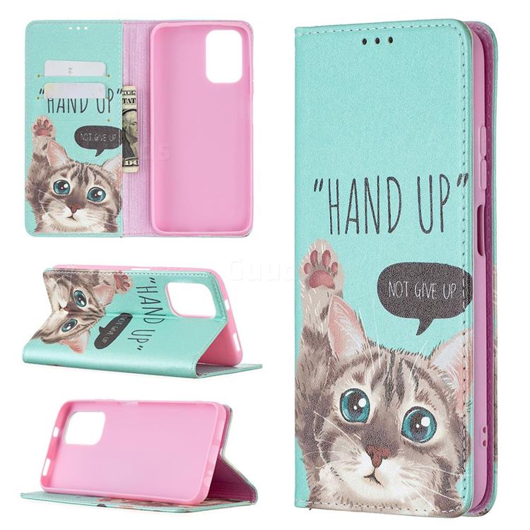 Hand Up Cat Slim Magnetic Attraction Wallet Flip Cover for Xiaomi Redmi Note 10 4G / Redmi Note 10S