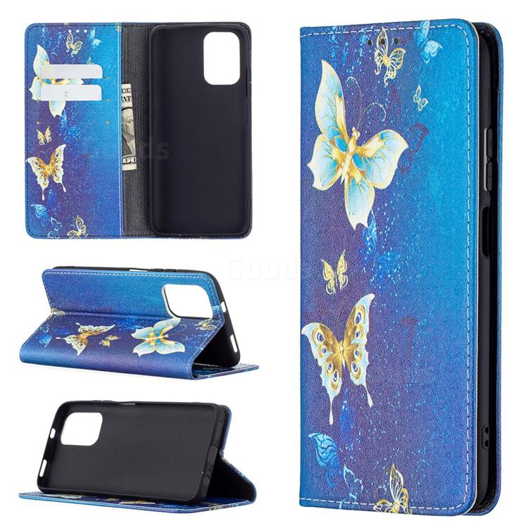 Gold Butterfly Slim Magnetic Attraction Wallet Flip Cover for Xiaomi Redmi Note 10 4G / Redmi Note 10S