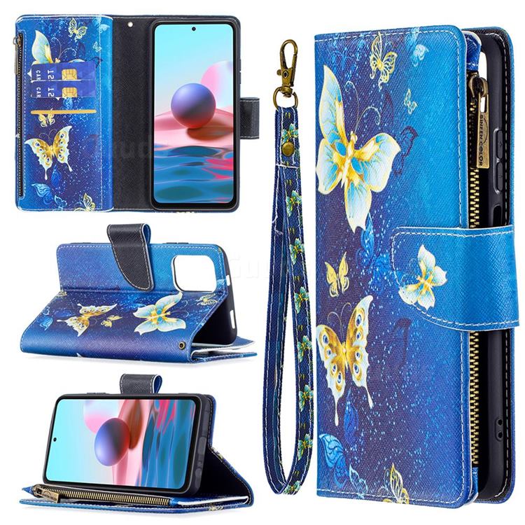 Golden Butterflies Binfen Color BF03 Retro Zipper Leather Wallet Phone Case for Xiaomi Redmi Note 10 4G / Redmi Note 10S