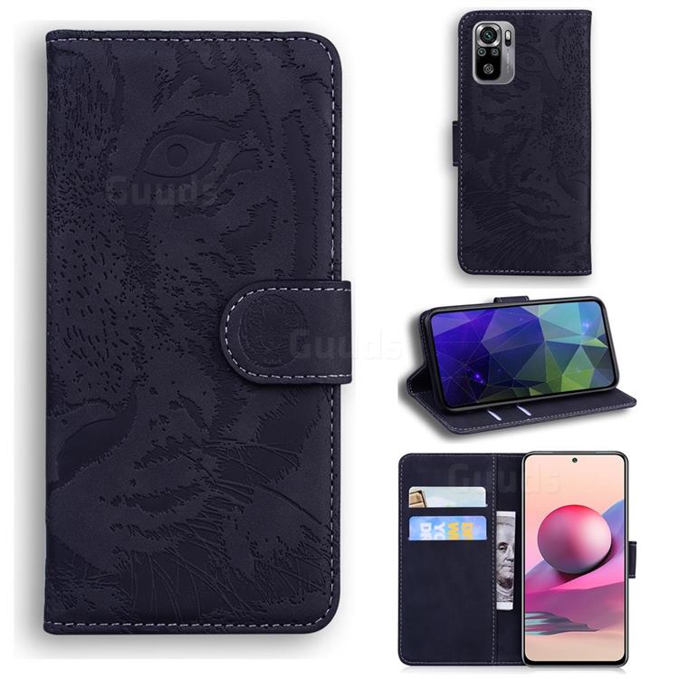 Intricate Embossing Tiger Face Leather Wallet Case for Xiaomi Redmi Note 10 4G / Redmi Note 10S - Black