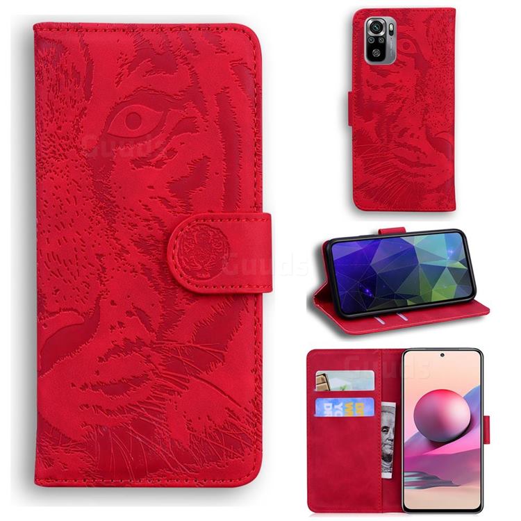 Intricate Embossing Tiger Face Leather Wallet Case for Xiaomi Redmi Note 10 4G / Redmi Note 10S - Red