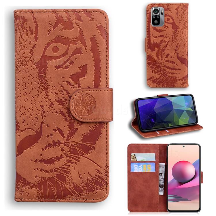 Intricate Embossing Tiger Face Leather Wallet Case for Xiaomi Redmi Note 10 4G / Redmi Note 10S - Brown