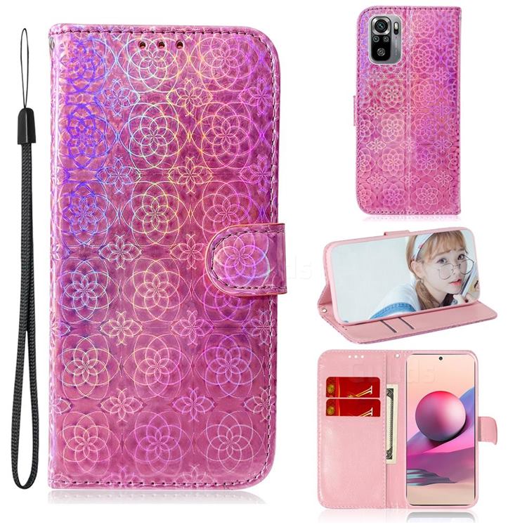 Laser Circle Shining Leather Wallet Phone Case for Xiaomi Redmi Note 10 4G / Redmi Note 10S - Pink