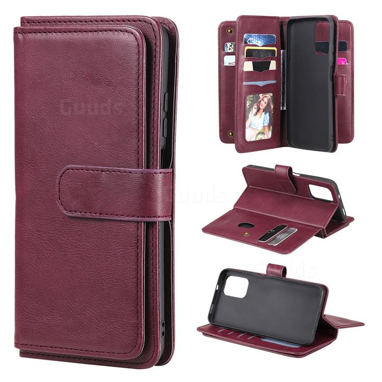 Multi-function Ten Card Slots and Photo Frame PU Leather Wallet Phone Case Cover for Xiaomi Redmi Note 10 4G / Redmi Note 10S - Claret