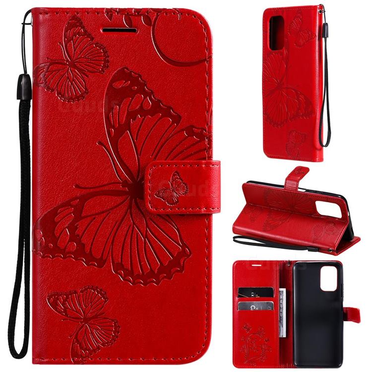 Embossing 3D Butterfly Leather Wallet Case for Xiaomi Redmi Note 10 4G / Redmi Note 10S - Red