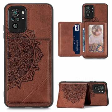 Mandala Flower Cloth Multifunction Stand Card Leather Phone Case for Xiaomi Redmi Note 10 4G / Redmi Note 10S - Brown