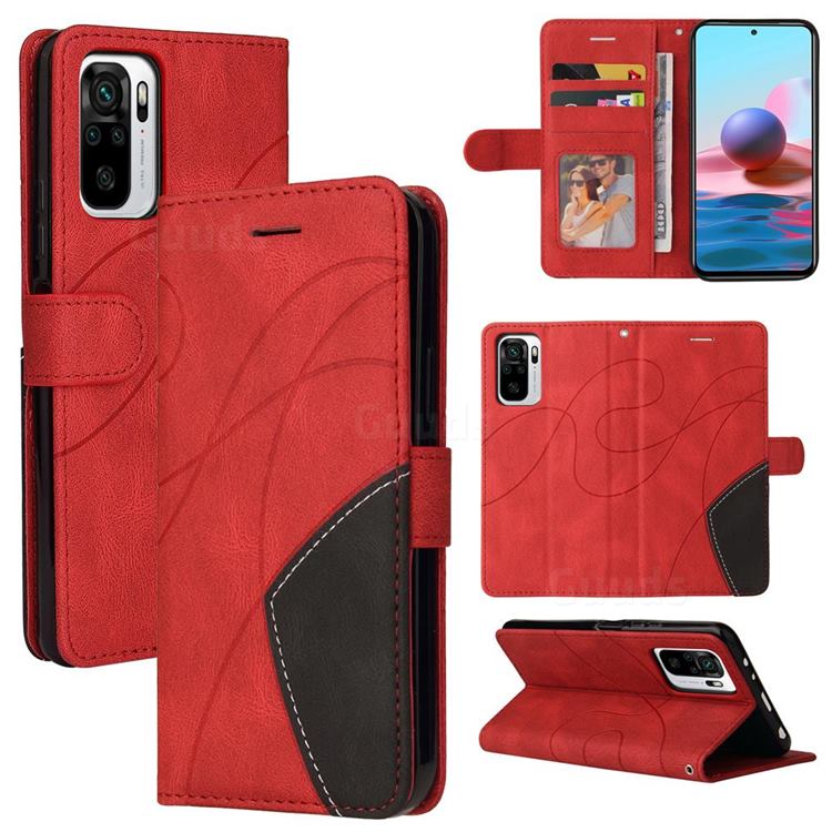 Luxury Two-color Stitching Leather Wallet Case Cover for Xiaomi Redmi Note 10 4G / Redmi Note 10S - Red