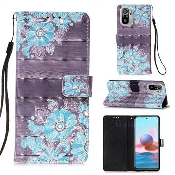 Blue Flower 3D Painted Leather Wallet Case for Xiaomi Redmi Note 10 4G / Redmi Note 10S