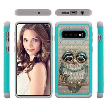 Sweet Gray Owl Studded Rhinestone Bling Diamond Shock Absorbing Hybrid Defender Rugged Phone Case Cover for Samsung Galaxy S10 (6.1 inch)