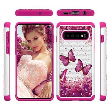 Rose Butterfly Studded Rhinestone Bling Diamond Shock Absorbing Hybrid Defender Rugged Phone Case Cover for Samsung Galaxy S10 (6.1 inch)