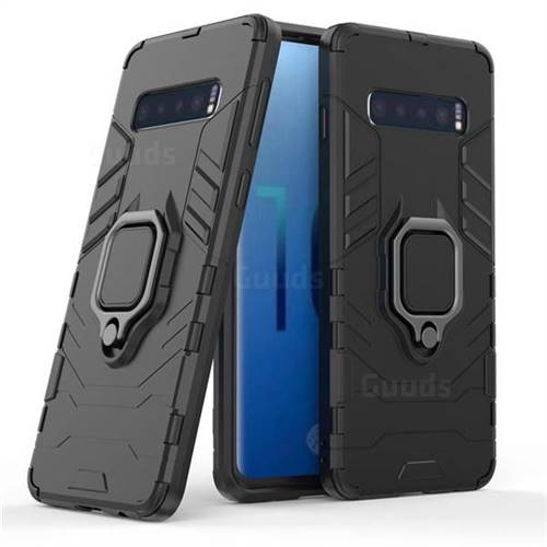 Black Panther Armor Metal Ring Grip Shockproof Dual Layer Rugged Hard Cover for Samsung Galaxy S10 (6.1 inch) - Black